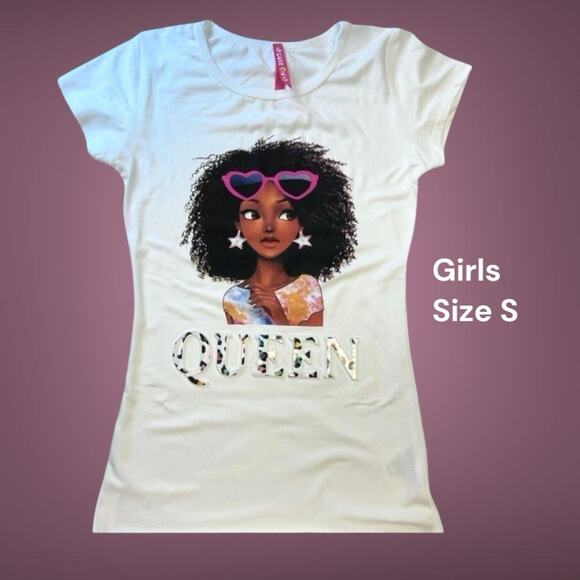 Cute 4 U T-Shirt Girls Black Queen Size S (7-8) White Short Sleeve Raised Letter - Picture 1 of 8